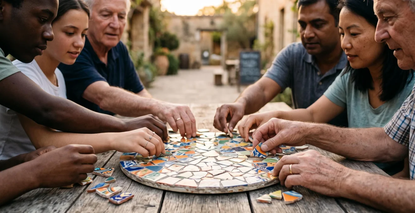 Des mains de générations et d'origines différentes assemblant ensemble les fragments d'une mosaïque lumineuse, symbole de la reconstruction du lien social après la crise