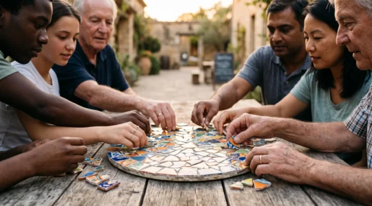 Des mains de générations et d'origines différentes assemblant ensemble les fragments d'une mosaïque lumineuse, symbole de la reconstruction du lien social après la crise