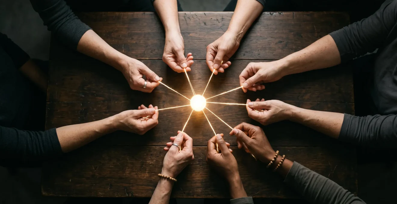 Représentation symbolique de la coordination sanitaire mondiale face à une pandémie, mains de différentes origines reliées par des fils de lumière au-dessus d'un globe abstrait