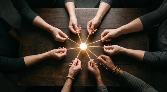Représentation symbolique de la coordination sanitaire mondiale face à une pandémie, mains de différentes origines reliées par des fils de lumière au-dessus d'un globe abstrait
