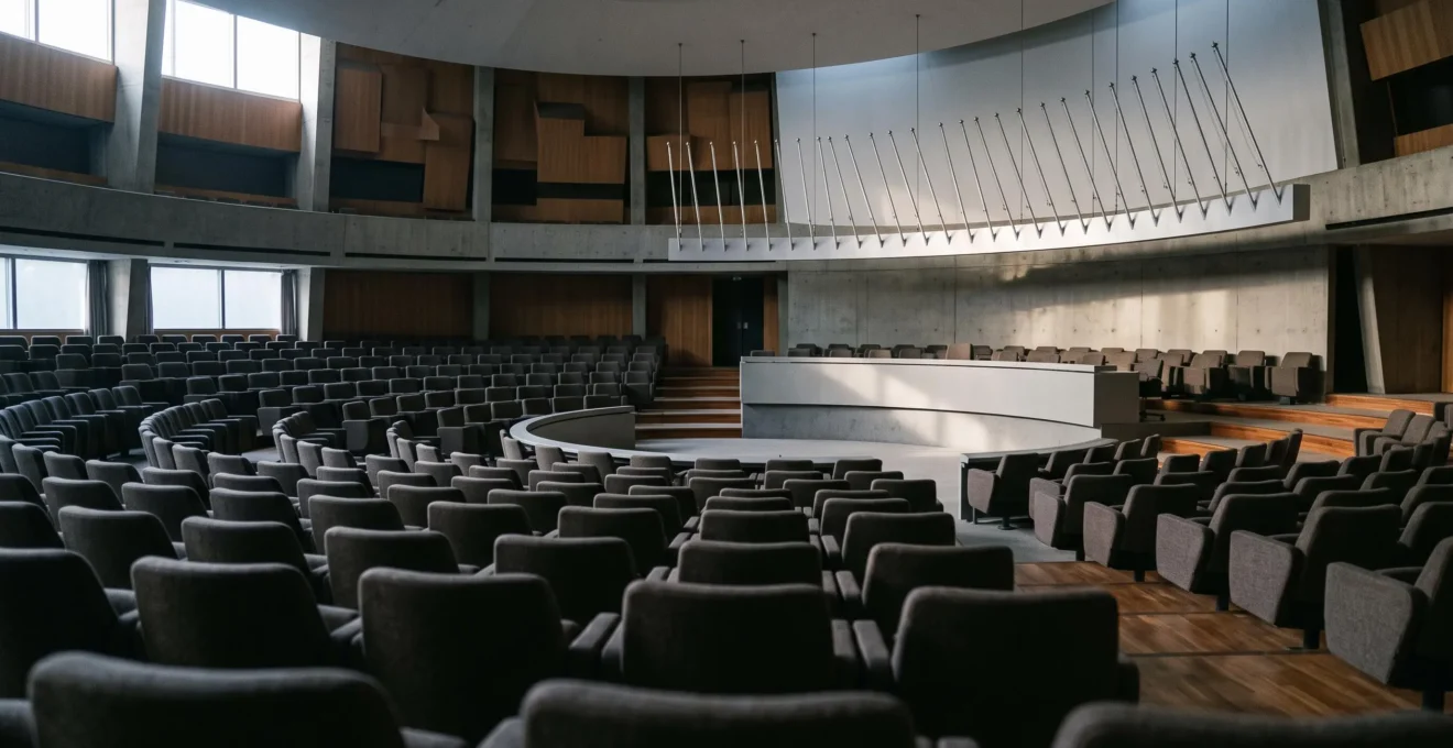 Vue large et symbolique d'une salle de conférence internationale illustrant les rapports de force entre États membres