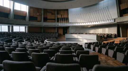 Vue large et symbolique d'une salle de conférence internationale illustrant les rapports de force entre États membres