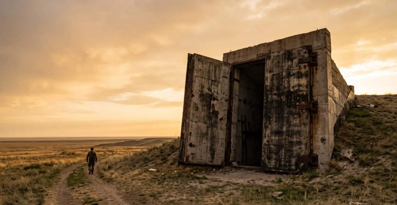 Porte massive d'un silo de missile balistique entrouverte dans un paysage steppique au crépuscule, symbole du désarmement nucléaire
