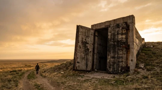Porte massive d'un silo de missile balistique entrouverte dans un paysage steppique au crépuscule, symbole du désarmement nucléaire