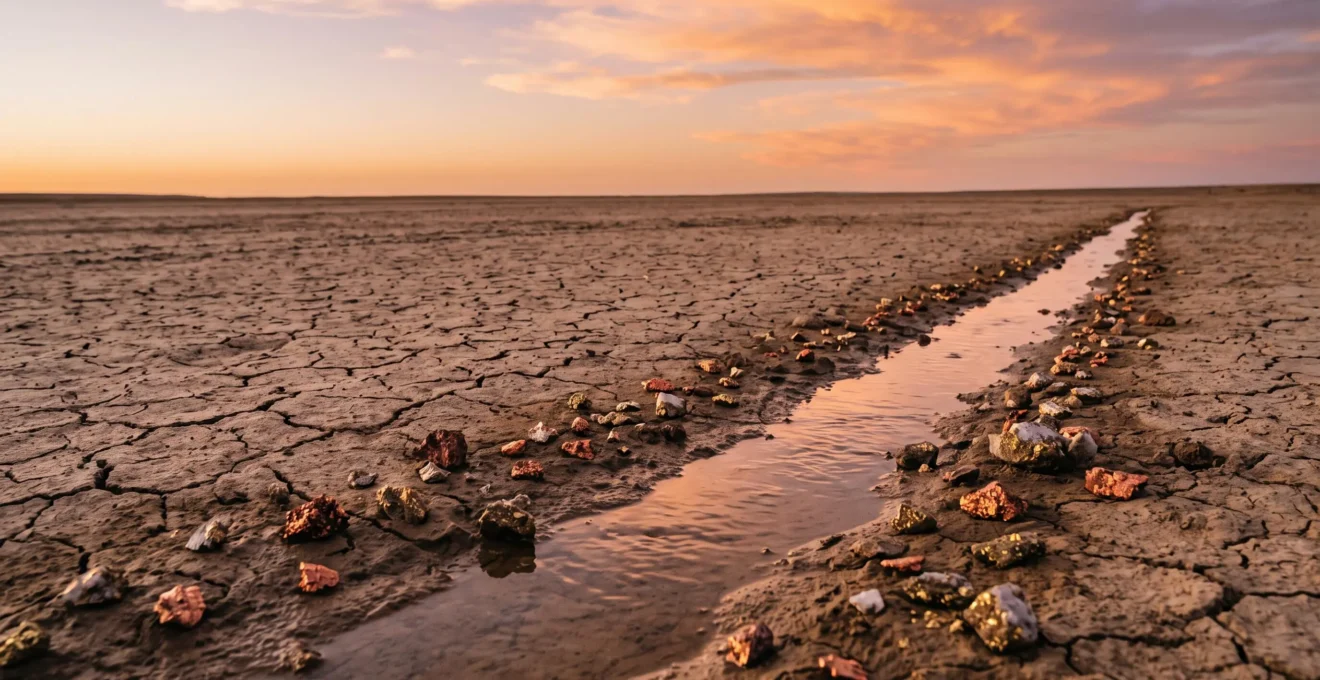 Paysage symbolique montrant une terre craquelée par la sécheresse traversée par un filet d'eau, juxtaposée à des fragments de minerai brut, illustrant la rareté des ressources mondiales
