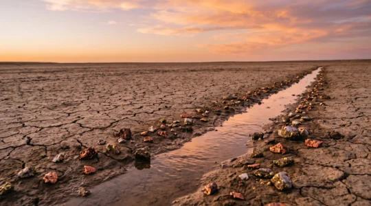 Paysage symbolique montrant une terre craquelée par la sécheresse traversée par un filet d'eau, juxtaposée à des fragments de minerai brut, illustrant la rareté des ressources mondiales