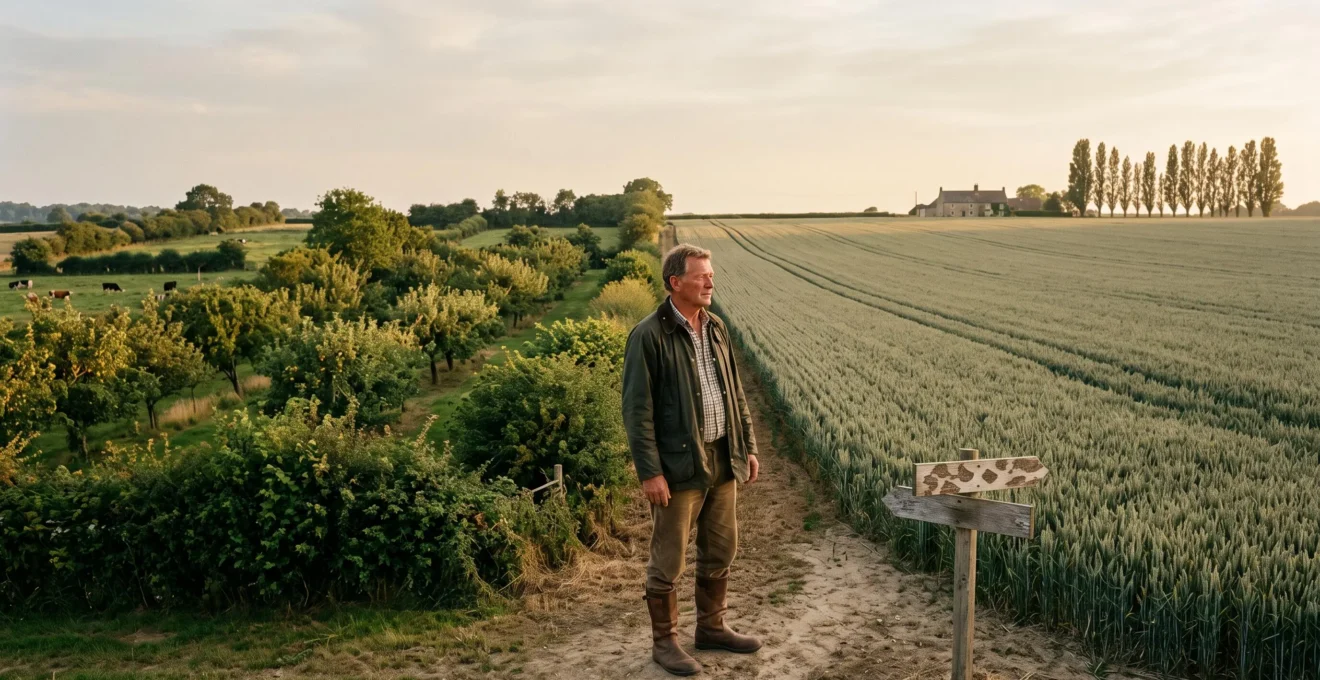 Agriculteur se tenant a la limite entre un champ en monoculture et une parcelle diversifiee, symbolisant la transition vers un modele agricole viable