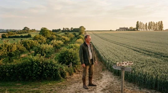 Agriculteur se tenant a la limite entre un champ en monoculture et une parcelle diversifiee, symbolisant la transition vers un modele agricole viable
