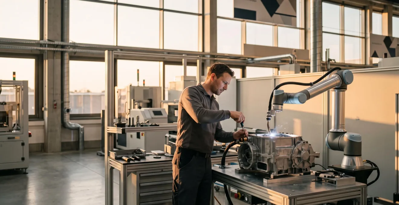 Vue d'ensemble d'une usine moderne europeenne alliant automatisation et savoir-faire humain, symbole de la relocalisation industrielle competitive