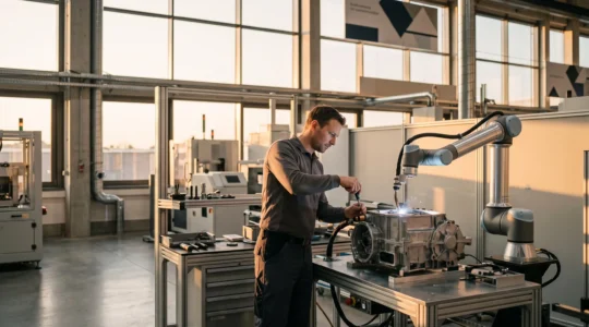Vue d'ensemble d'une usine moderne europeenne alliant automatisation et savoir-faire humain, symbole de la relocalisation industrielle competitive